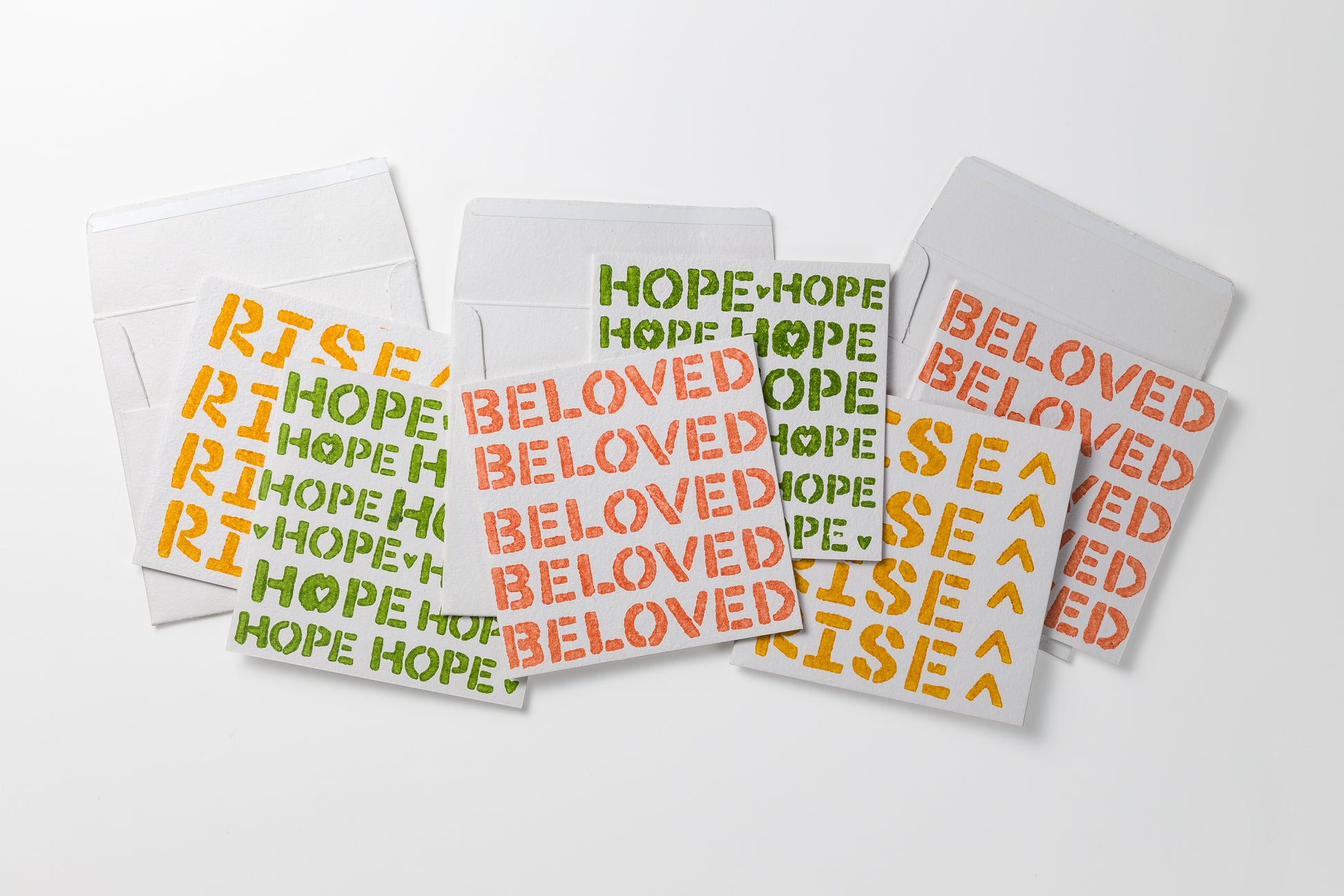 Notecard set of six cards with two of each word (Beloved, Hope, Rise) and envelopes.